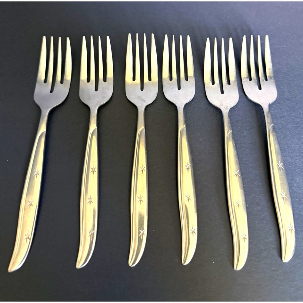 Set of 6 Stainless Steel NSCO Starette Forks Starburst Handle Made in Japan